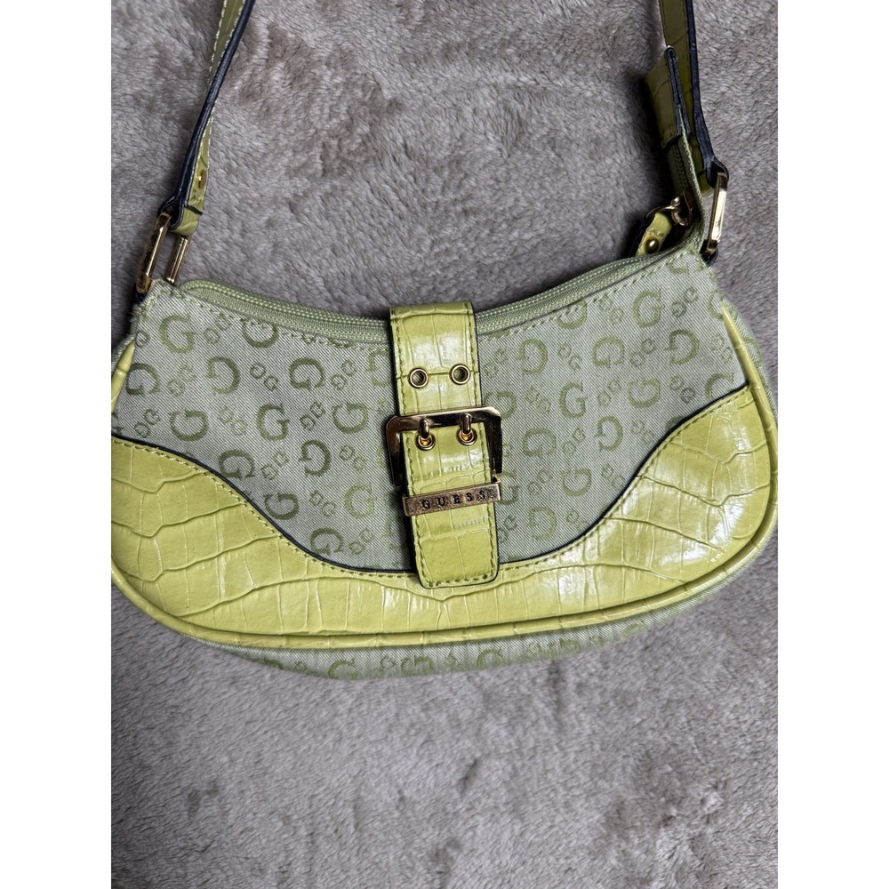 GUESS Y2K Vintage Monogram Croc Trim Lime Green Logo Shoulder Handbag